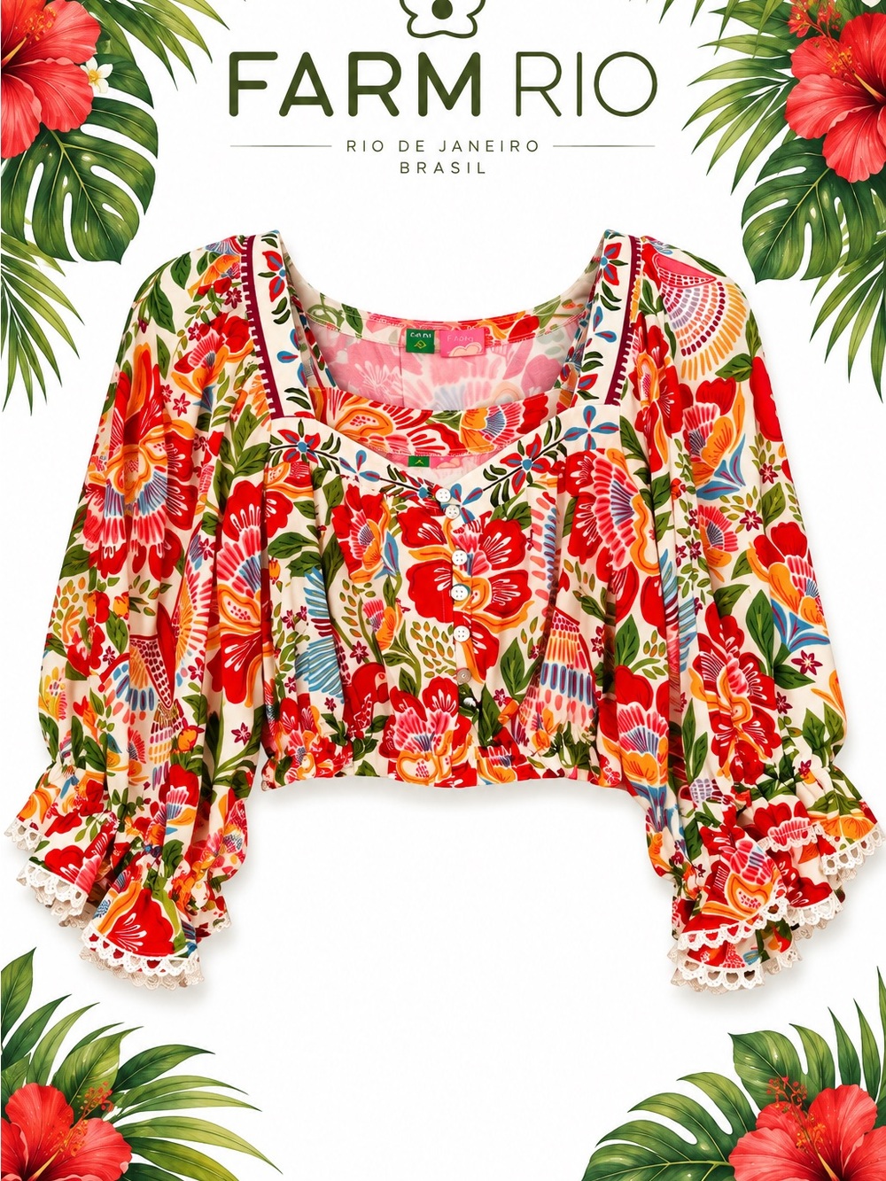FARM Rio sz m Red Multi Floral Peasant Blouse